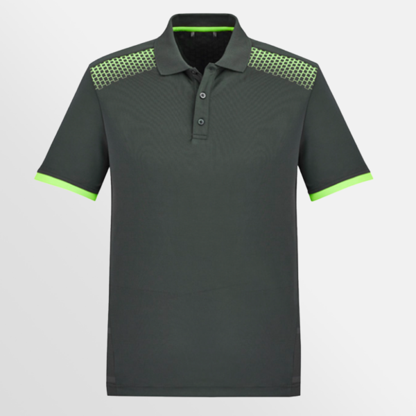 Custom Printed T-shirts QTCO Biz Collection Mens Galaxy Short Sleeve Polo Grey Fluoro-Lime front