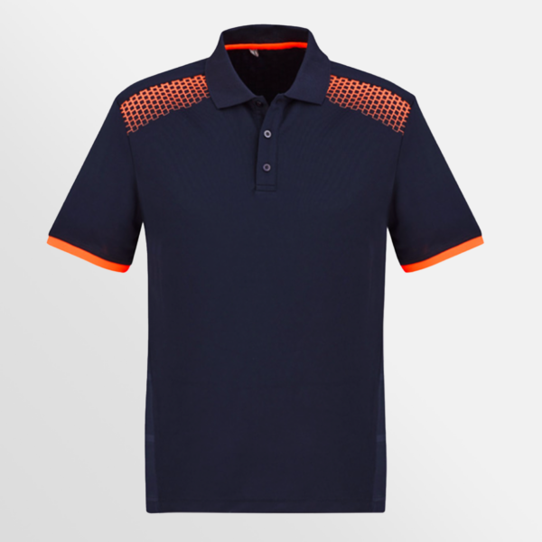 Custom Printed T-shirts QTCO Biz Collection Mens Galaxy Short Sleeve Polo Navy Fluoro-Orange front