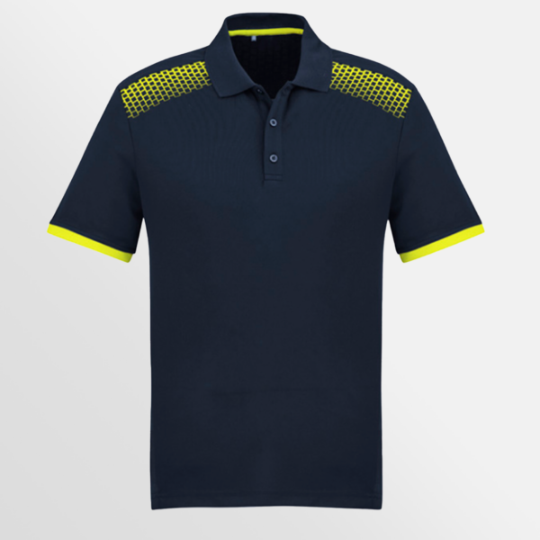 Custom Printed T-shirts QTCO Biz Collection Mens Galaxy Short Sleeve Polo Navy Fluoro-Yellow front