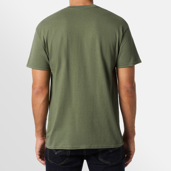 Custom Printed T-shirts Gildan Essential Heavy Tee Model Image Back in Military Green