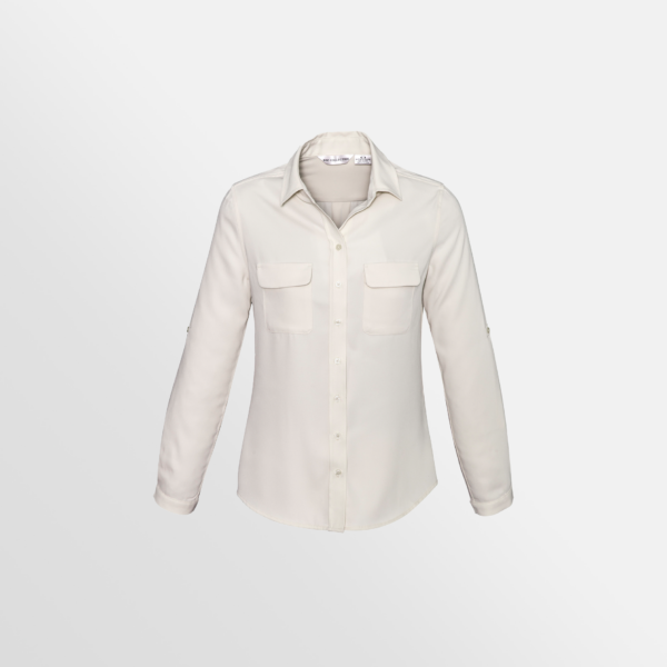 Custom Printed Merch QTCO Biz Collection Madison Ladies Long Sleeve Shirt Ivory front