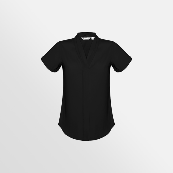 Custom Printed Merch QTCO Biz Collection Madison Ladies Short Sleeve Shirt Black front