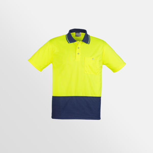 Custom Printed T-shirts QTCO SYZMIK Unisex Hi Vis Basic Short Sleeve Polo Yellow Navy front