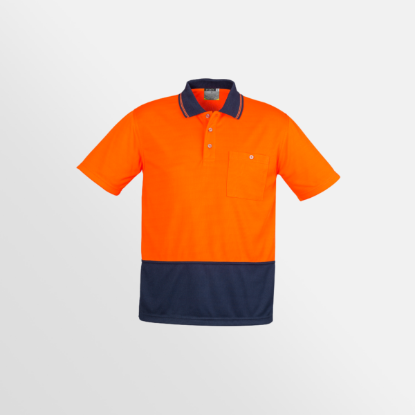 Custom Printed T-shirts QTCO SYZMIK Unisex Hi Vis Basic Short Sleeve Polo Orange Navy front