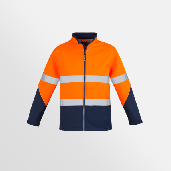 Custom Printed Merch SYZMIK Unisex Hi Vis Softshell Jacket Orange Navy Front