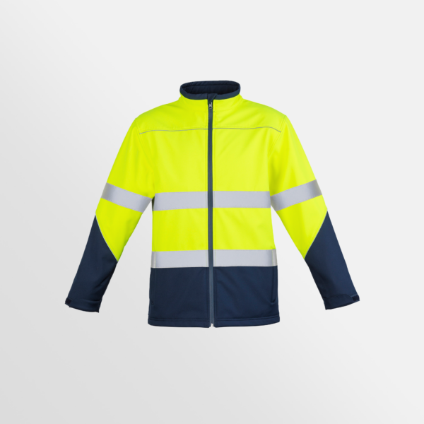 Custom Printed Merch SYZMIK Unisex Hi Vis Softshell Jacket Yellow Navy Front