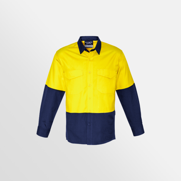 Custom Printed Merch QTCO SYZMIK Mens Rugged Cooling Hi Vis Spliced Shirt Yellow Navy front