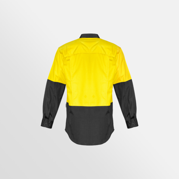 Custom Printed Merch QTCO SYZMIK Mens Rugged Cooling Hi Vis Spliced Shirt Yellow Charcoal back