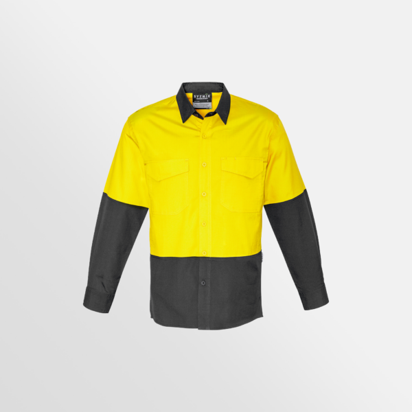 Custom Printed Merch QTCO SYZMIK Mens Rugged Cooling Hi Vis Spliced Shirt Yellow Charcoal front