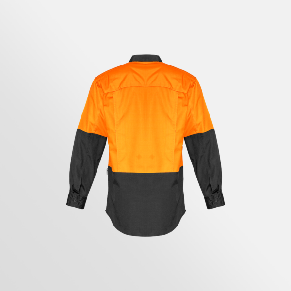 Custom Printed Merch QTCO SYZMIK Mens Rugged Cooling Hi Vis Spliced Shirt Orange Charcoal back