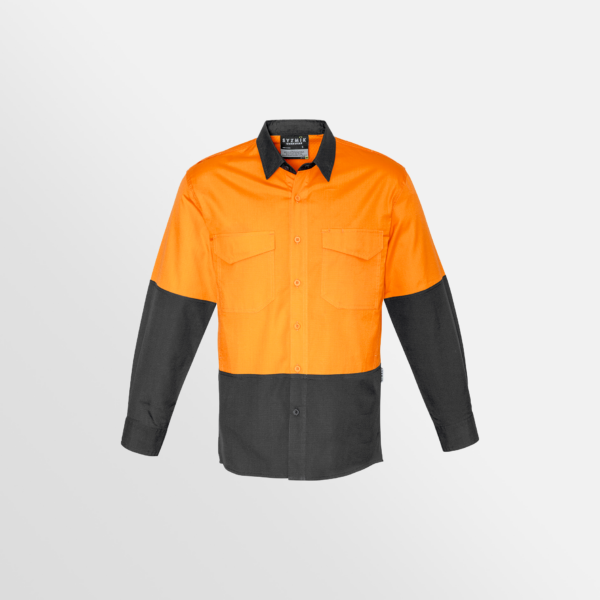 Custom Printed Merch QTCO SYZMIK Mens Rugged Cooling Hi Vis Spliced Shirt Orange Charcoal front