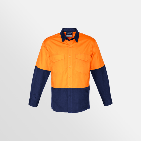 Custom Printed Merch QTCO SYZMIK Mens Rugged Cooling Hi Vis Spliced Shirt Orange Navy front