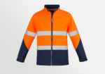 Custom Printed Merch SYZMIK Unisex Hi Vis Softshell Jacket Orange Navy Front
